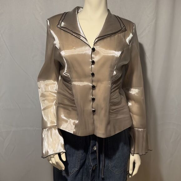 Vintage Tops - Vintage Gold Chiffon Sheer Organza Shirred Blouse Ruffled Sleeves Size Me…
